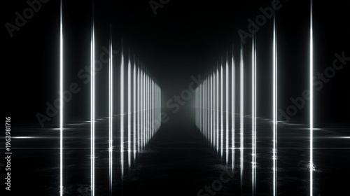 Glossy black floor reflection, vertical LED strings in strict grid spacing