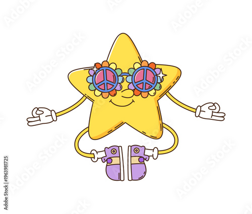 Cartoon groovy star character. Funky smiling star sits in a peaceful lotus pose, wearing vibrant purple sneakers and flower shaped sunglasses. Retro vector personage for quirky meditation app mascot