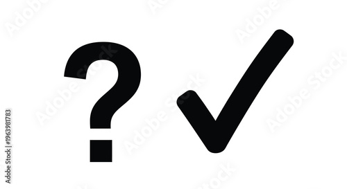 A simple graphic displays a black question mark and a black checkmark side by side on a white background high quality