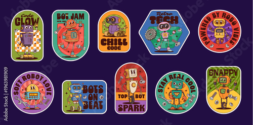 Groovy robot stickers, droid characters patches set. Cartoon vector hippie retro vintage robots with tools, mechanical parts and y2k nostalgic slogans. Code glow, bot jam, chill code and retro tech
