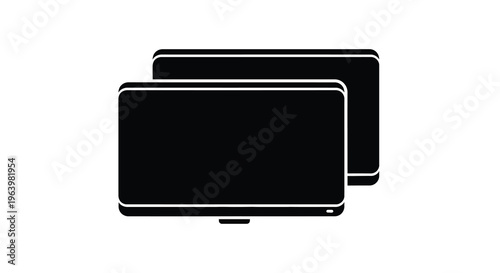 A minimalist depiction showcases two black rectangular devices resembling smartphones or tablets stacked slightly askew high quality professional detailed modern elegant