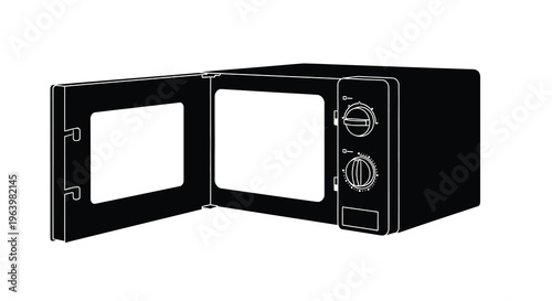 A minimalist line drawing depicts a black microwave oven with its door open showcasing the interior cavity high quality professional detailed