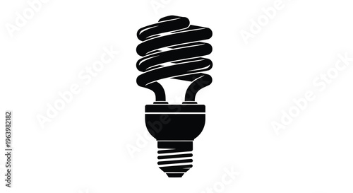 A black and white illustration depicts a compact fluorescent lamp commonly known as a curly light bulb isolated on white