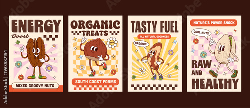 Nuts and seed groovy hippie characters posters. Funky cheerful smiling walnut, dancing hazelnut and Brazil nut, and walking pistachio for health food branding, kitchen decor, or vegan food promotion
