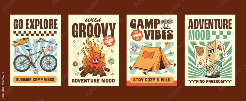 Obraz premium Funky adventure, camping and travel groovy hippie characters posters. Retro 1970s posters featuring vector smiling map, campfire, travel tent, bicycle, kayak and trekking poles