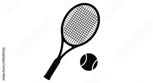 A stark black and white illustration depicts a tennis racket positioned above a tennis ball showcasing sports equipment high quality professional