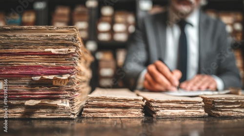 Title Search Attorney Reviews Property Ownership History in Public Records Office With Document Archives in Background