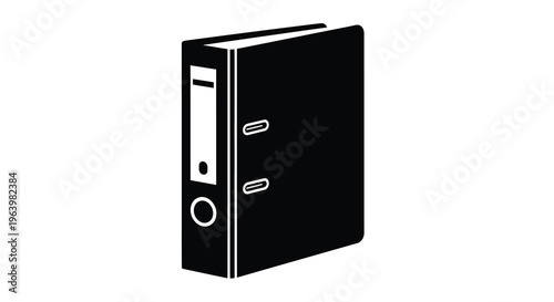 A minimalist black and white illustration depicts a closed ring binder with visible metal fasteners and label high quality professional detailed