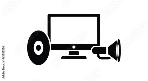 A minimalist black silhouette depicts a computer monitor a compact disc and a megaphone side by side high quality professional detailed