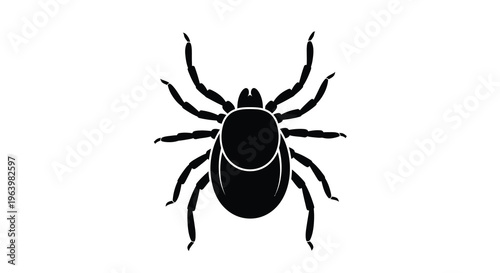 A stark black silhouette depicts a tick showcasing its eight legs and rounded body shape against white high quality professional detailed