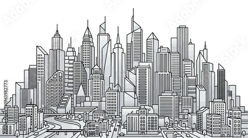 Black and white city skyline illustration.