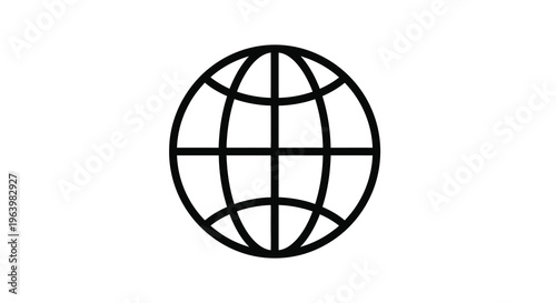 A simple black and white line drawing depicts a spherical globe with longitudinal and latitudinal lines high quality professional detailed modern