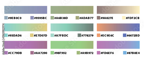 Pastel color palette collection with hex codes, set of 9 soft gradient swatches for UI design, professional color schemes for branding and web graphics