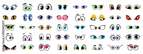 Cartoon character eyes face expressions of different emotions. Cute, funny, happy, angry and sad eyes vector emoji with retro googly eyeballs and comic eyebrows. Face expression emoticons set