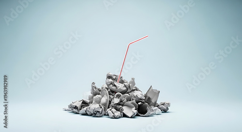 A pile of crumpled metallic objects with a red straw sticking out, against a light blue backdrop