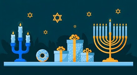 A hanukkah celebration with gifts and a menorah