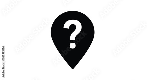A simple black silhouette of a location pin icon with a white question mark inside representing uncertainty high quality professional detailed