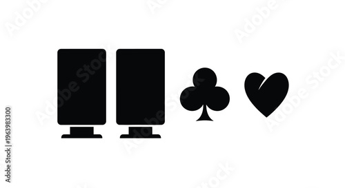 A minimalist black and white image displays two rectangles and four playing card symbols clubs and hearts high quality professional detailed
