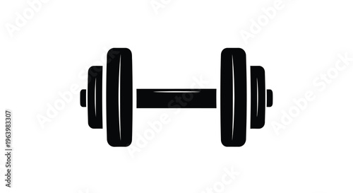 A simple black and white illustration depicts a standard barbell dumbbell horizontally centered on a white background high quality professional detailed