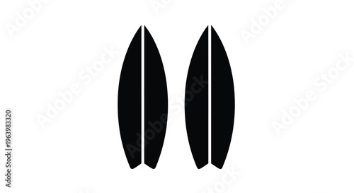 A minimalist graphic showcases two black surfboard silhouettes against a stark white background emphasizing shape and form high quality professional detailed
