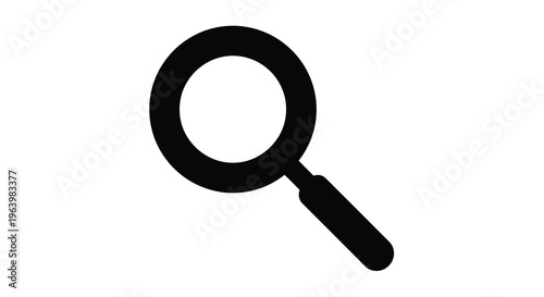 A simple black silhouette of a magnifying glass is displayed against a plain white background symbolizing search high quality professional detailed