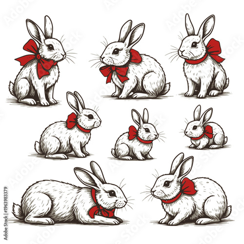 Easter stickers, spring holiday decorative prints set. Cute bunnies with red bow and ribbons decoration art collection. Whimsical badge, seasonal animal for dinner invitation card. Transparent SVG.