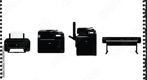 A row of various office printers on a white background
