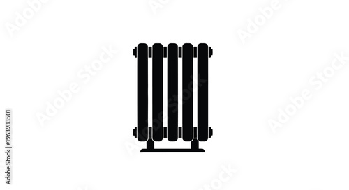 A stark black silhouette depicts a vintage style radiator against a clean white background showcasing minimalist design high quality professional detailed