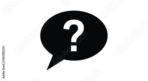 A stark minimalist image features a black speech bubble containing a white question mark evoking curiosity high quality professional detailed modern