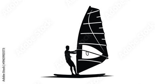 A minimalist black silhouette depicts a windsurfer skillfully navigating across water showcasing the sport s dynamic energy high quality professional detailed