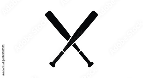 A stark black and white image depicts two baseball bats crossed against a plain white background creating a simple icon