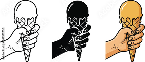 Three hands holding ice cream cones in different colors