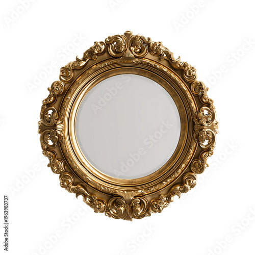 A luxurious ornate round gold mirror with a reflective surface is isolated on a black background. isolated on transparent background