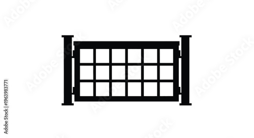 A stark black and white illustration depicts a rectangular tennis net with supporting posts isolated on white high quality professional detailed
