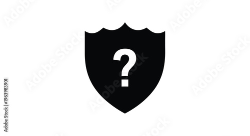A stylized black shield icon prominently displays a white question mark at its center suggesting uncertainty high quality professional detailed modern