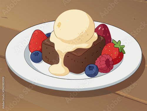 Decadent chocolate brownie topped with a scoop of vanilla ice cream and garnished with fresh berries. Vector.