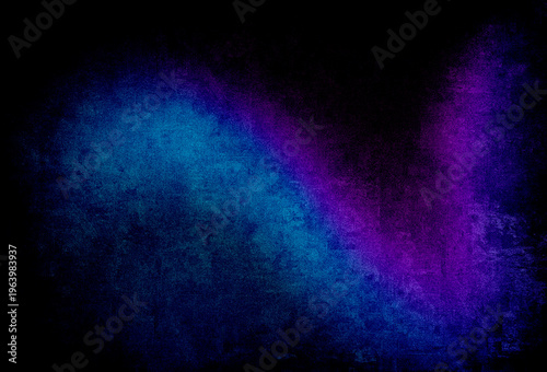 Abstract dark grunge background with blue and purple gradient lighting effect. Textured surface with smoky blend and distressed edges, creating a moody modern backdrop ideal for posters, banners, 