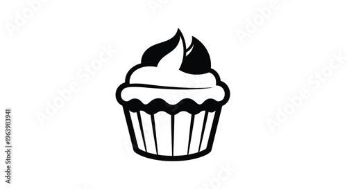 A simple black and white illustration depicts a cupcake with a generous swirl of frosting on top high quality professional detailed