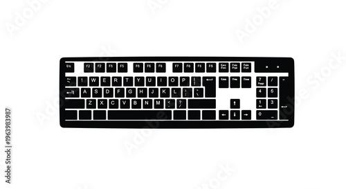 A stark black and white illustration depicts a standard computer keyboard against a plain white background high quality professional detailed modern