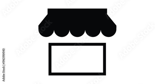 A simple black and white icon depicts a storefront with a striped awning above a rectangular entrance high quality professional detailed