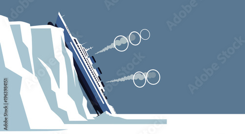 large cruise ship sinking dramatically after hitting a giant iceberg in cold blue waters symbolizing disaster