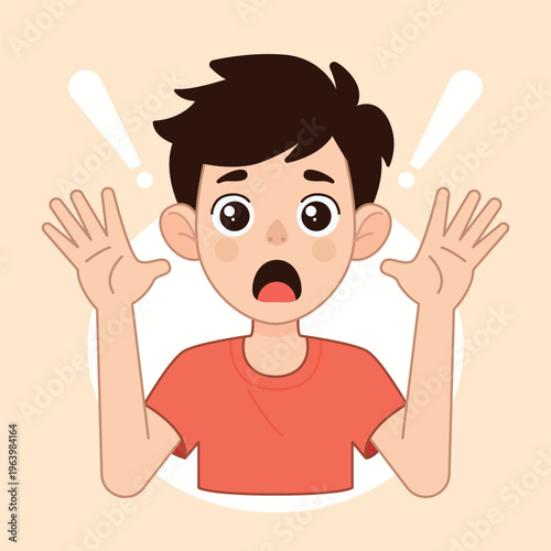 Surprised Boy With Hands Raised and Exclamation Marks Expressing Shock and Amazement