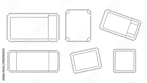 blank tickets and stamps vector illustration set featuring various templates and designs with perforated borders useful as design elements.