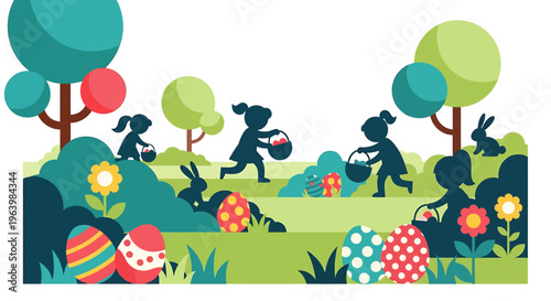 easter egg hunt children collecting colorful decorated eggs and rabbits in a spring park a fun outdoor holiday activity.