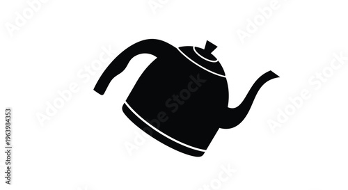 A simple black silhouette depicts a classic teapot with a curved spout and handle set against white high quality professional detailed