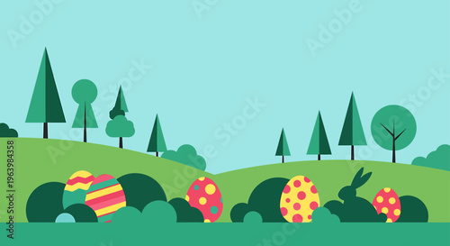 flat design easter egg hunt in a vibrant spring landscape featuring colorful eggs and an easter bunny hiding