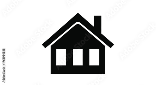 A simple black and white illustration portrays a classic house shape with a peaked roof and chimney high quality professional detailed