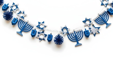 A blue and white hanukkah garland on a white background