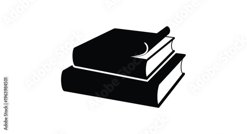 A simple black and white illustration depicts three books stacked on top of each other with one slightly open high quality