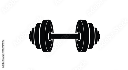 A stark black and white illustration depicts a standard barbell weight centered and symmetrical suggesting fitness and strength high quality professional